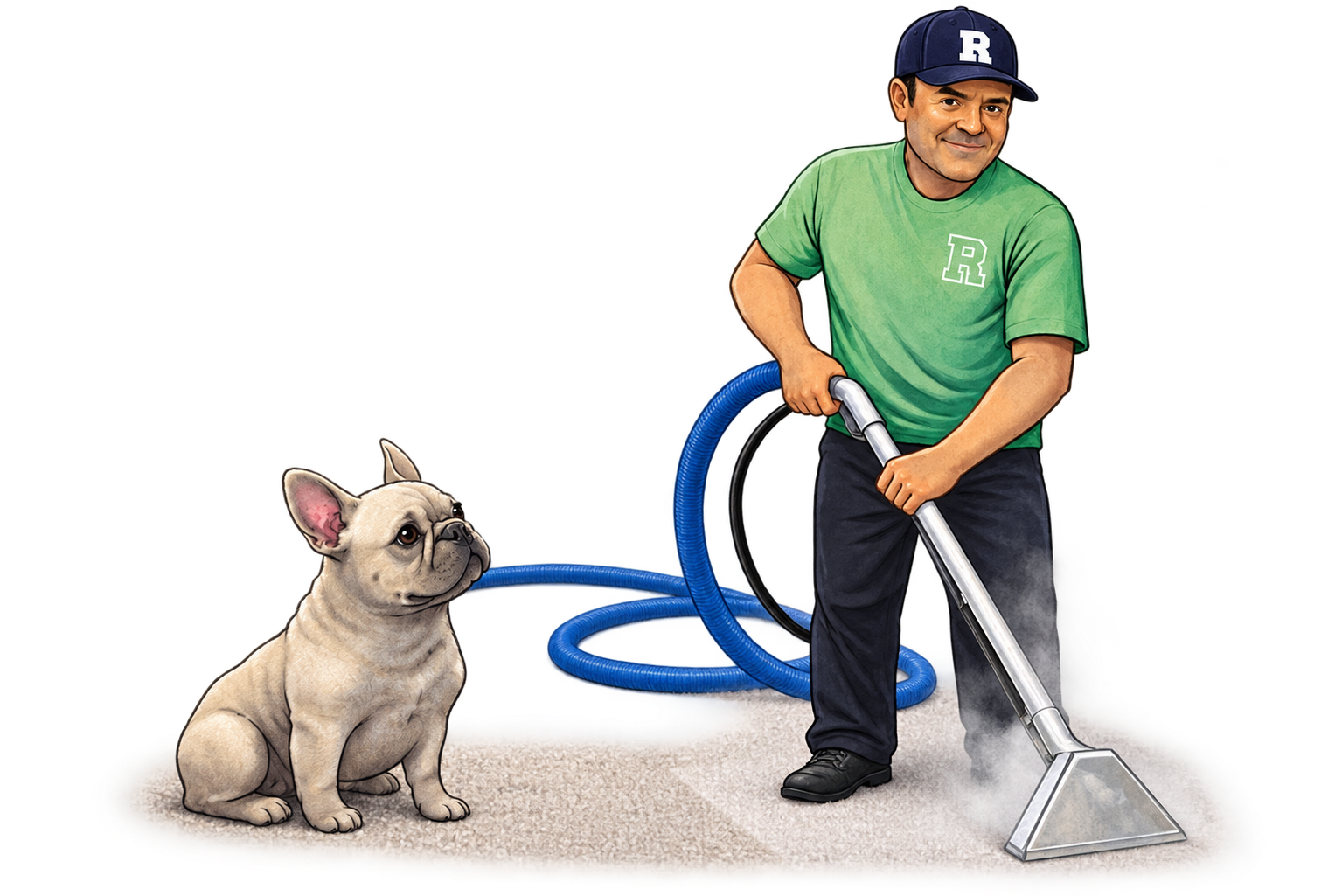 Illustration of Raymond cleaning a carpet beside a French bulldog