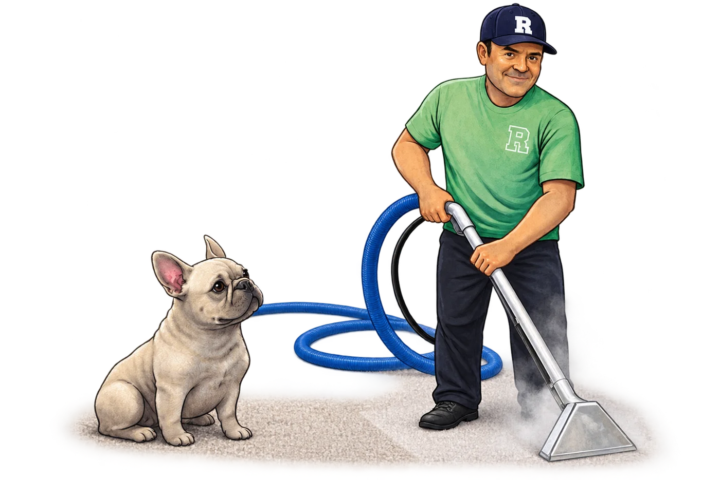 Illustration of Raymond with his carpet-cleaning wand and a French bulldog